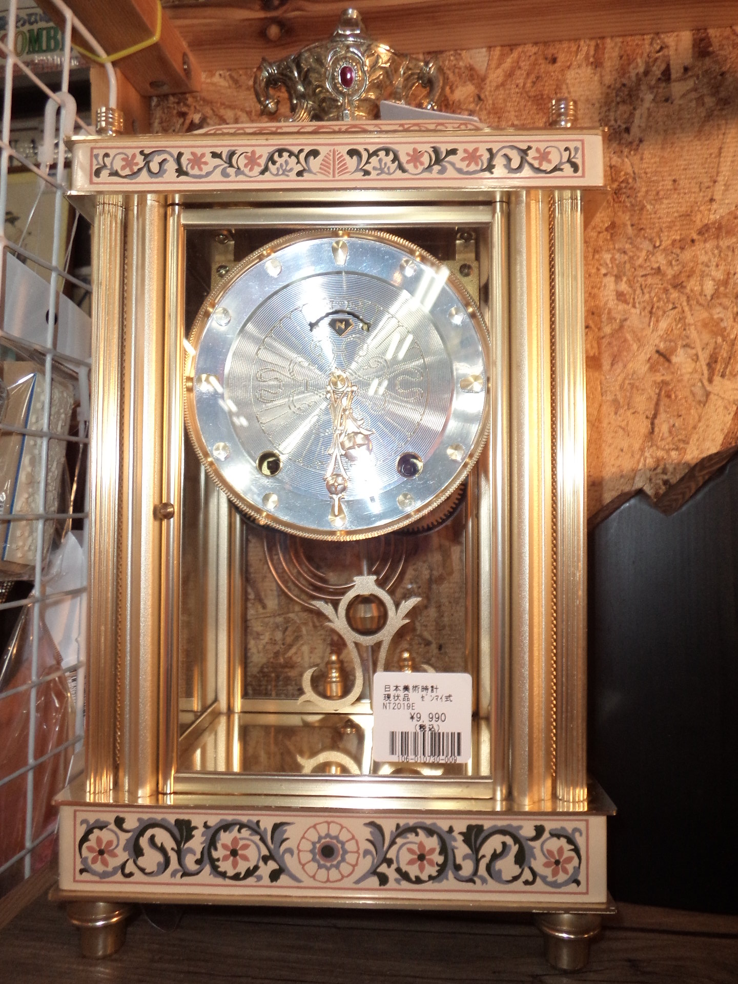 日本美術 nマーク 四面ガラス 置き時計 日本美術時計 Nマーク 手巻き ゼンマイ振り子式置時計 4面ガラス