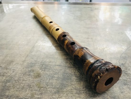 容山作 尺八 45cm 2印 歌口金縁 藤巻き銀三線