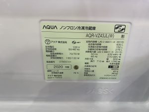 AQUA 2020年製 AQR-VZ43JL(W) 430L 4ドア冷蔵庫