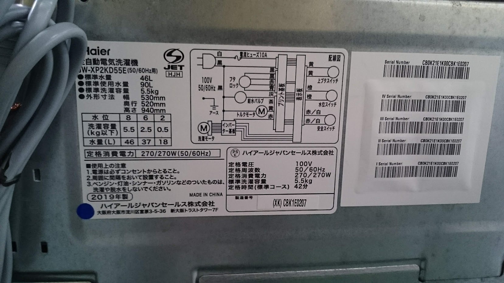 Haier 2019年製 5.5kg 全自動洗濯機 JW-XP2KD55E 買取いたしました 