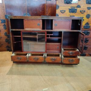 岩谷堂箪笥-茶箪笥-横長水屋箪笥-鋳物南部鉄器金具-拭漆-通常色-リユース-柏-愛品倶楽部