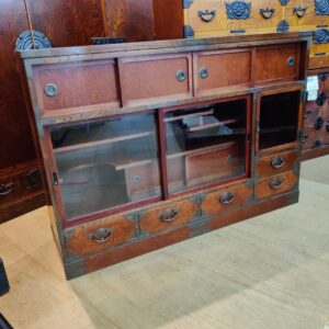 岩谷堂箪笥-茶箪笥-横長水屋箪笥-鋳物南部鉄器金具-拭漆-通常色-リユース-柏-愛品倶楽部